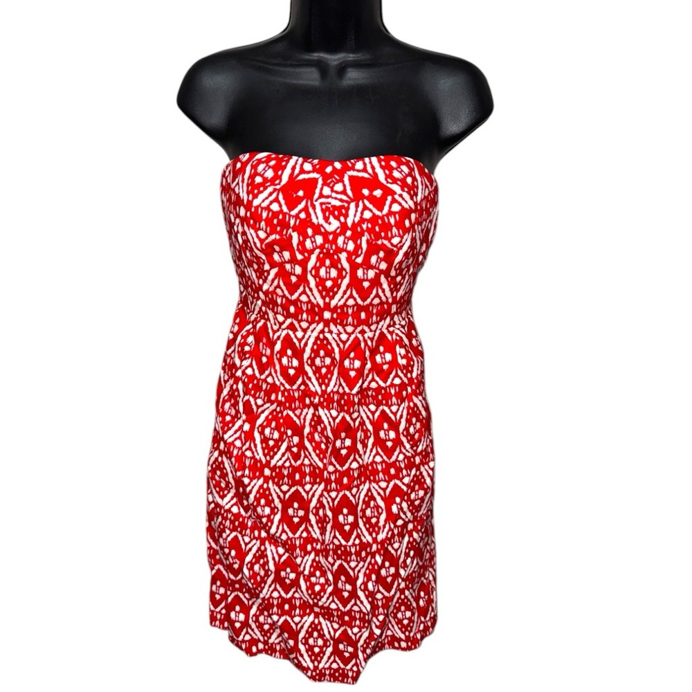 Women’s J. Crew Strapless Red/White Geometric Dress - 2